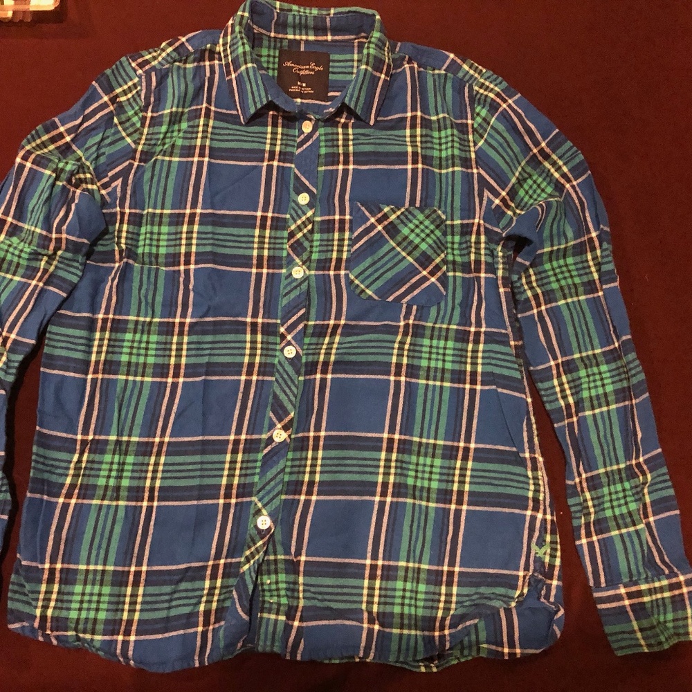 AEO Blue-green plaid flannel shirt